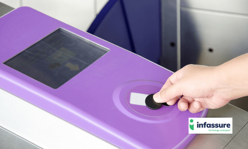 Purple RFID reader that allows access. Close-up of mechanism that reads RFID card.